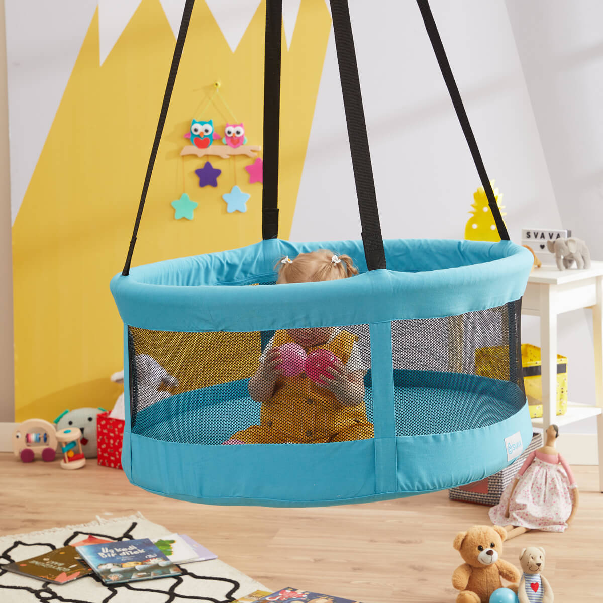 Turkuaz Svava sepet salıncak – ev tipi tavan salıncağı modeli