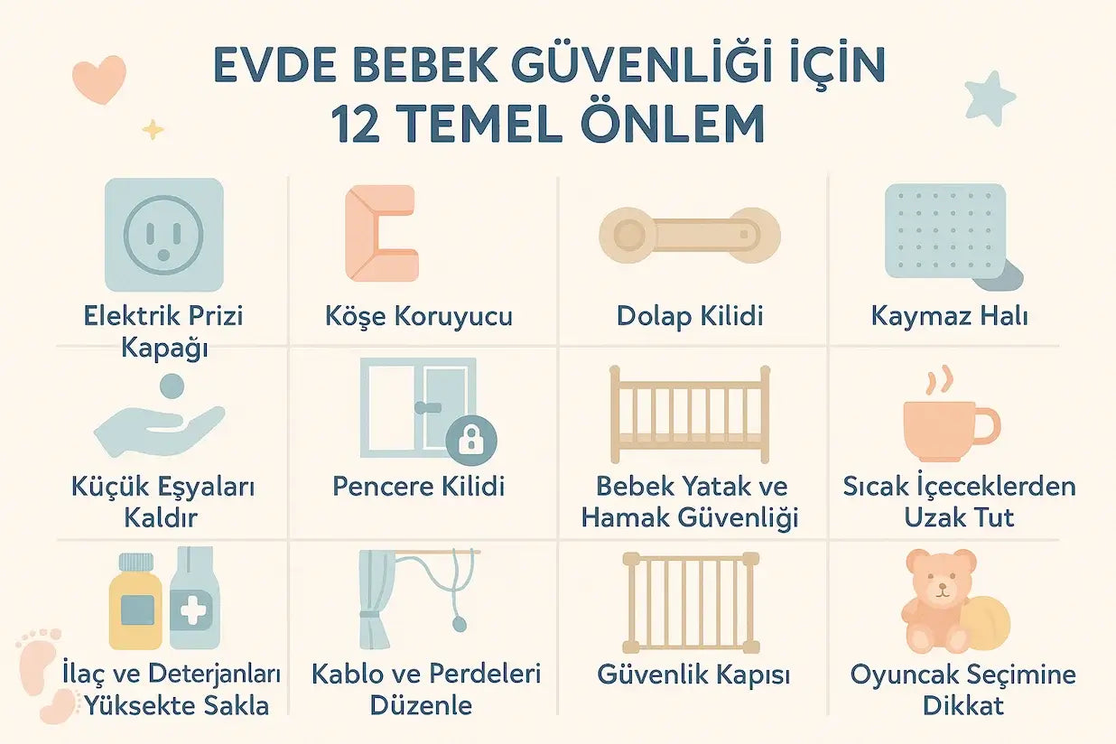 Evde bebek güvenliği için 12 temel önlem: priz kapağı, köşe koruyucu, dolap kilidi, kaymaz halı, pencere kilidi, oyuncak seçimi ve diğer güvenlik adımları