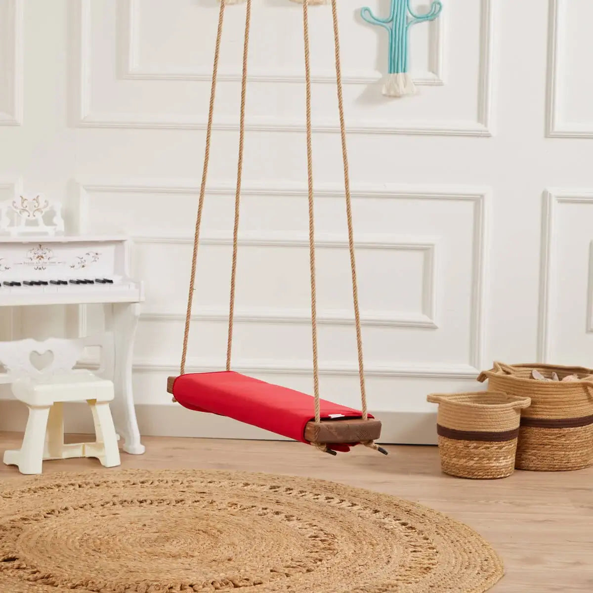 Svava kırmızı minderli ahşap piknik salıncağı, çocuk salıncak, ev içi dekoratif kullanım